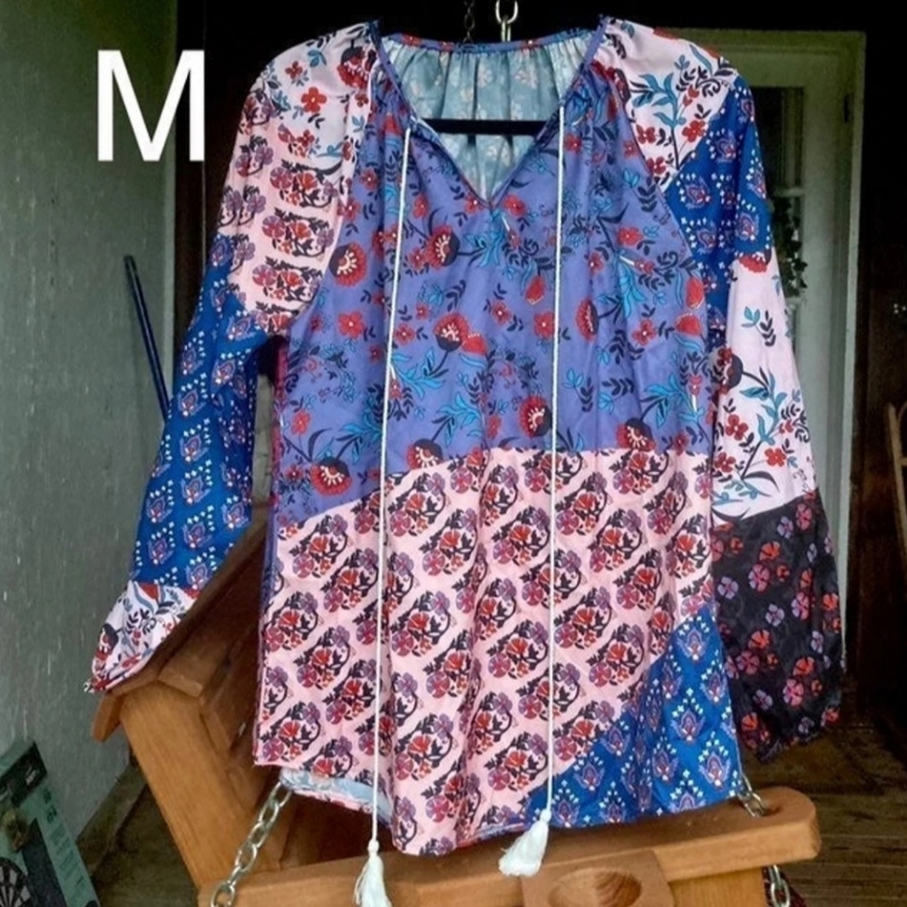 Boho flower patch patterned long sleeve peasant top